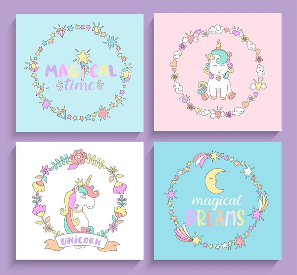 Set of magical unicorns cards. — Stock Vector