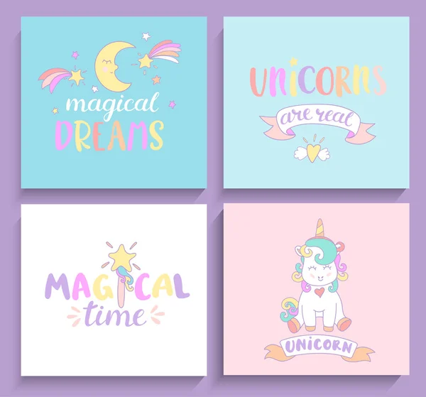 Conjunto de tarjetas mágicas de unicornios . — Vector de stock