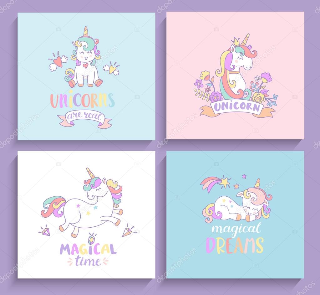 Set of magical unicorns cards. 