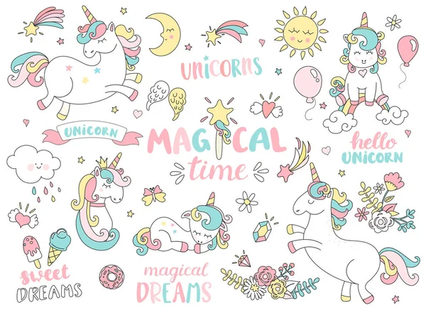 Conjunto de unicornios y elementos mágicos . — Archivo Imágenes Vectoriales