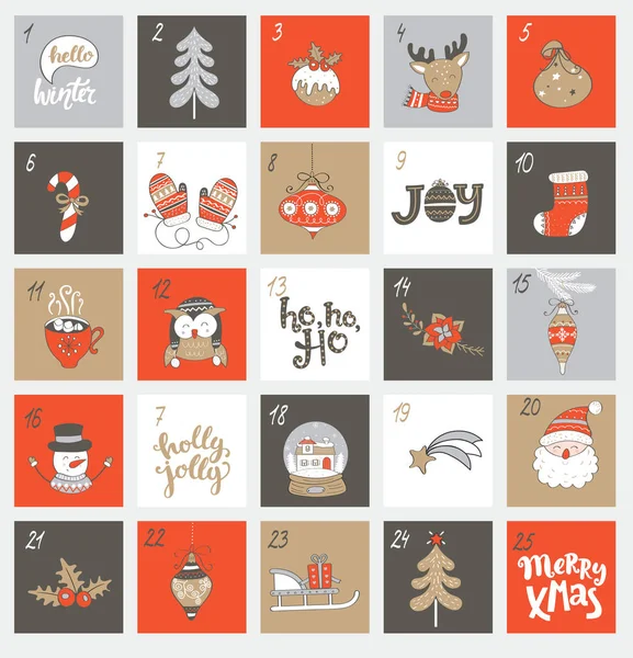 Kerst adventkalender met symbolen. — Stockvector