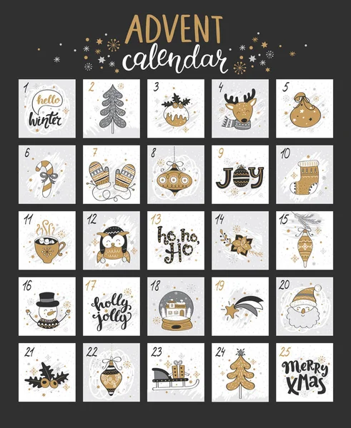 Gelukkig Kerstmis adventkalender met symbolen — Stockvector