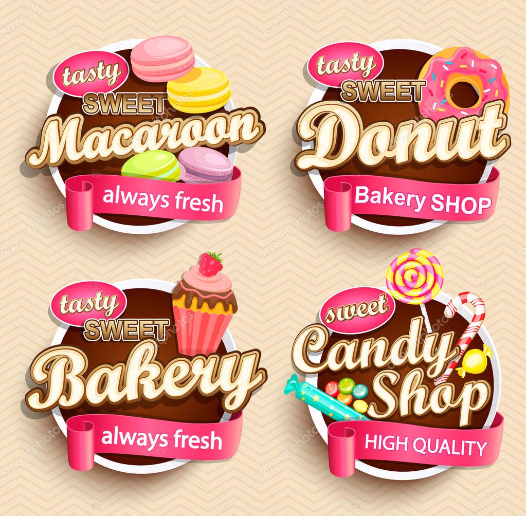 Set of Food Labels or Stickers. Macaroon, donut, bakery, candy shop. Design Template.