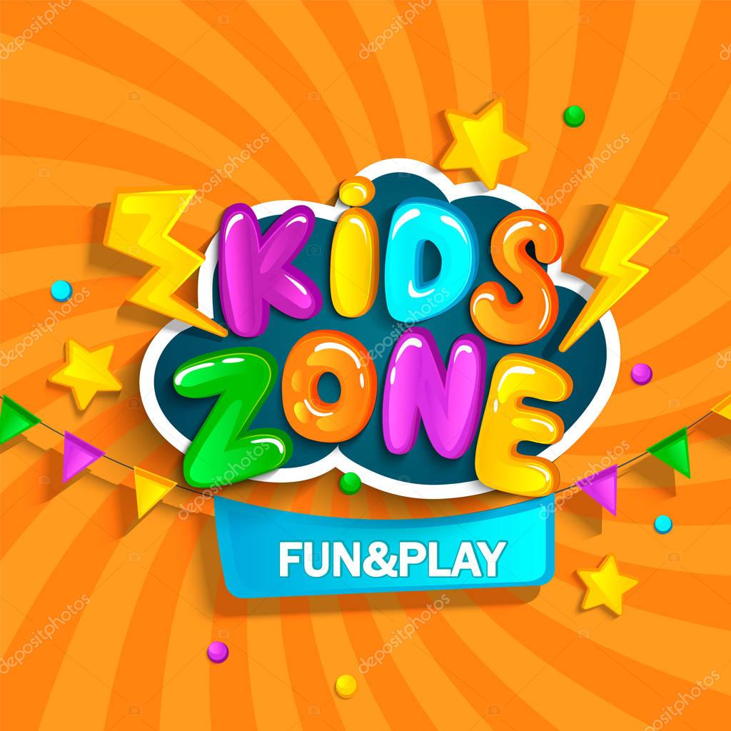 Kids zone banner, emblem or logo in cartoon style, orange