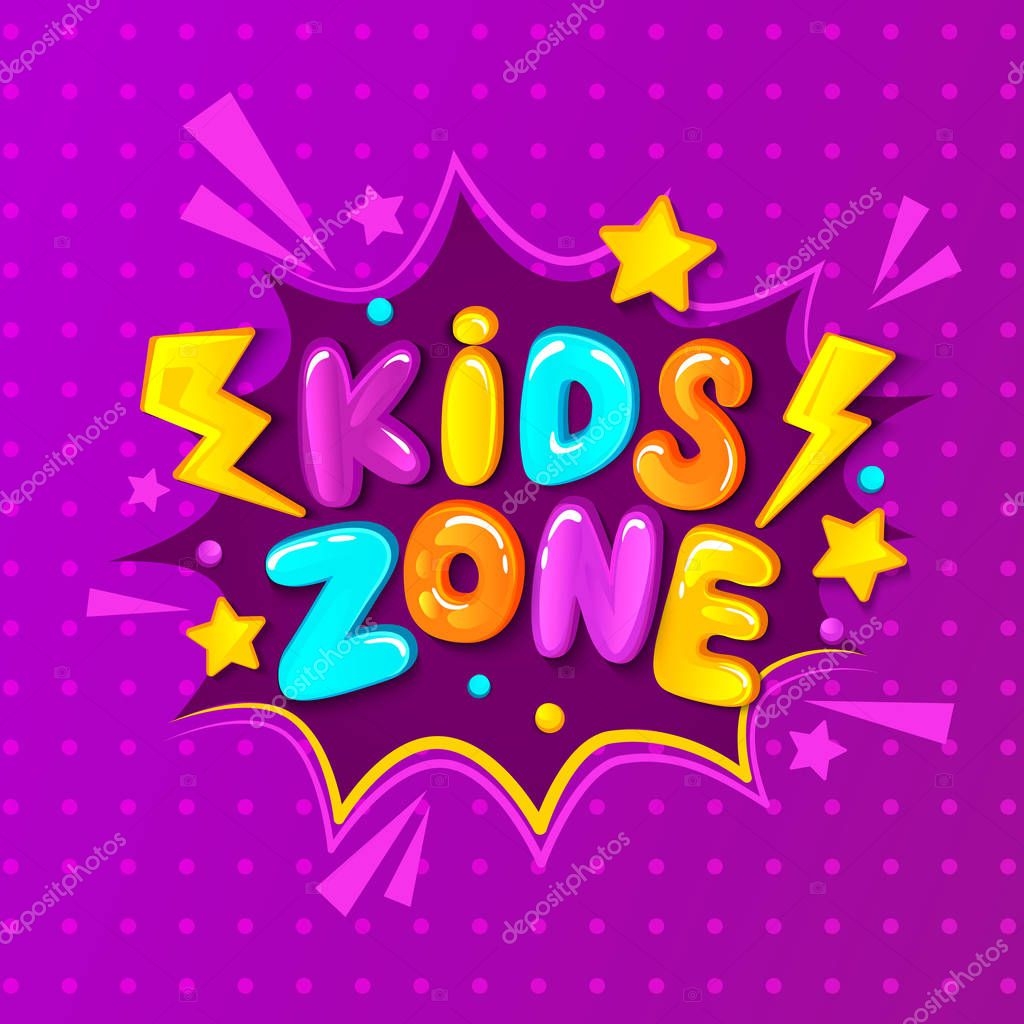 Kids zone banner, emblem or logo in cartoon style, purple