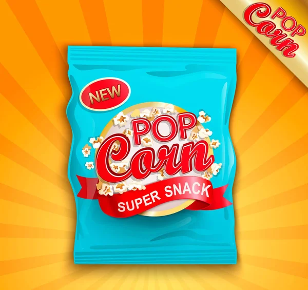 Imballaggio Con Etichetta Popcorn Super Snack — Vettoriale Stock