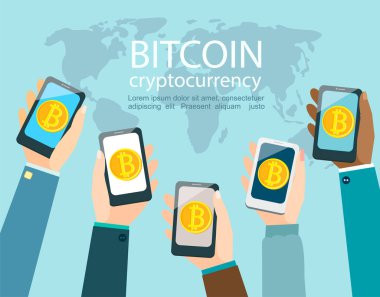 Bitcoin sembolü ile akıllı telefonlar ile el. Bitcoin ve altcoins telefonlar aracılığıyla farklı insanlar arasındaki değişimi için uluslararası küresel fırsatlar için m-cüzdan ile mobil uygulama kavramı.