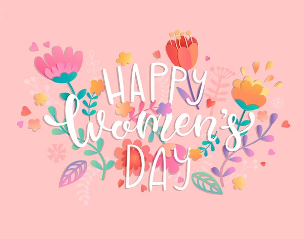 ピンクのパステル カラーの花の手描き文字で幸せな女性の日 — ストックベクタ