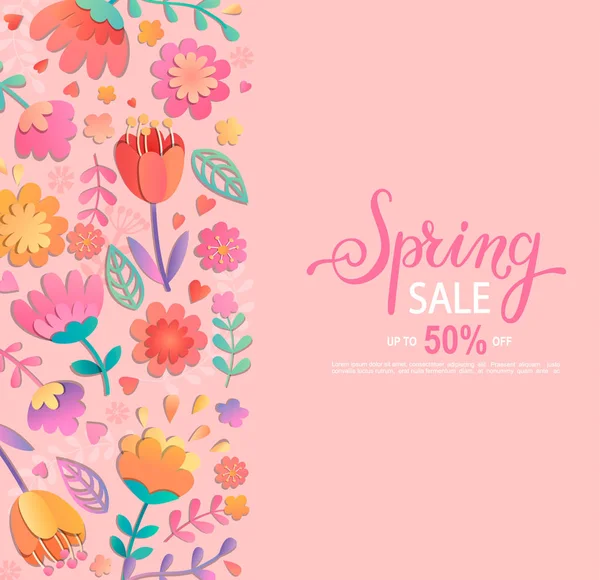 Spring Sale Banner Lettering Pink Background Beautiful Flowers Left Side — Stock Vector