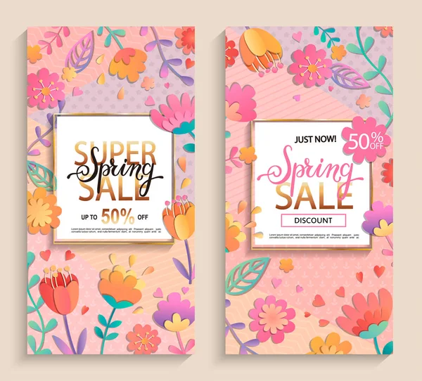 在金色方形框架的春季销售传单与美丽的花朵在粉红色的刻字 — 图库矢量图片