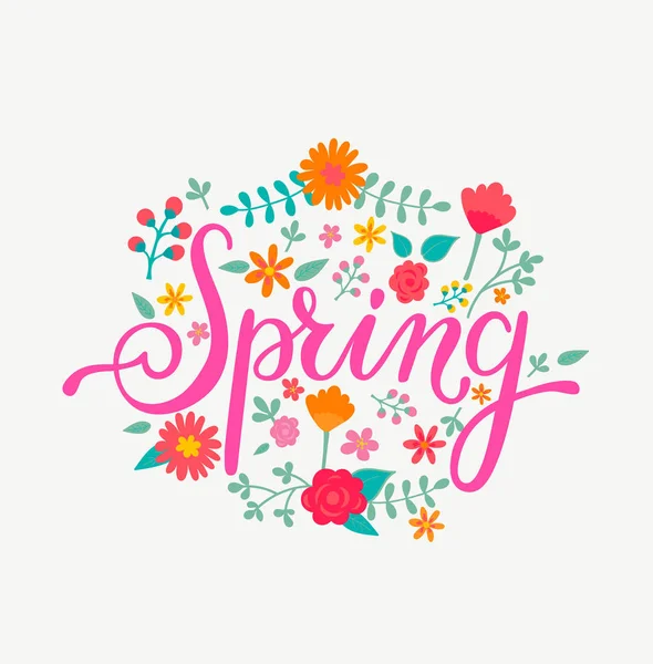 花の装飾的なフレームで手描きのレタリングと春のカード — ストックベクタ