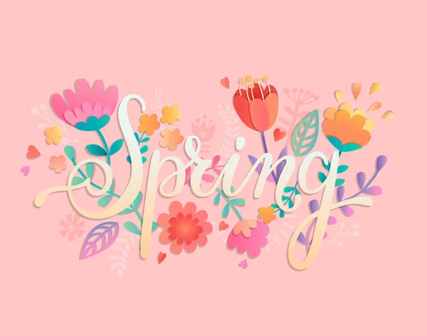 Lente Kaart Handgetekende Belettering Onder Prachtige Bloemen Bladeren — Stockvector