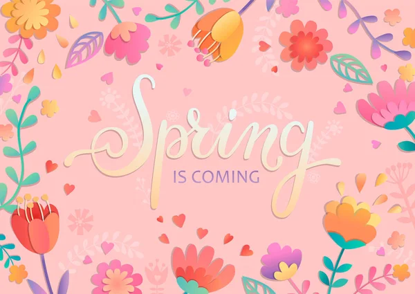 Tavasszal Jön Kártya Gyönyörű Virágok Közt Betűkkel Handdrawn Elhagyja Rózsaszín — Stock Vector
