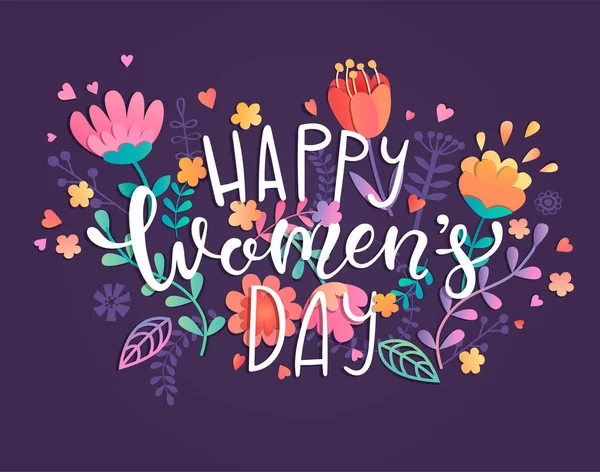 Ευτυχισμένος Γυναικών Μέρα Κάρτα Handdrawn Επιγραφή Στα Βιολετί Λουλούδια Και — Διανυσματικό Αρχείο