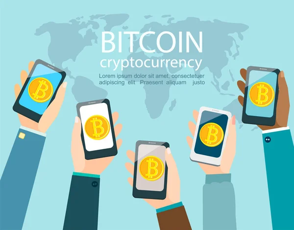 Χέρια Smartphones Bitcoin Σύμβολο Έννοια Της Εφαρμογή Κινητού Πορτοφόλι Bitcoin — Διανυσματικό Αρχείο