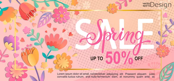 Spring Sale Flyer Banner Lettering Pink Beautiful Flowers Template Card — Stock Vector