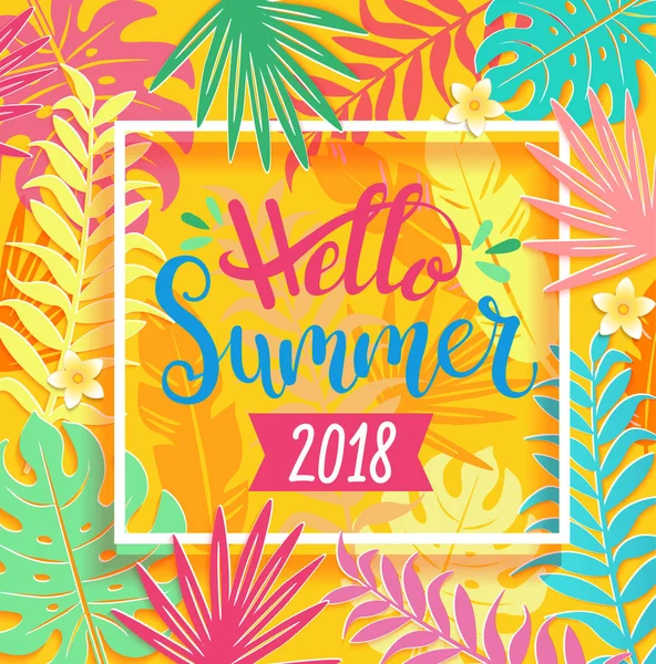 Hello Summer 2018 Нарисованная Вручную Листьях Фасоли Белой Квадратной Рамке — стоковый вектор