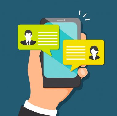 Mobil cihazlar messenger aracılığıyla konuşan kavramı. Sohbet ve çünkü ile karşılık gelen. Telefon bildirim ile kare kabarcıkları metinde tırnaklarla.