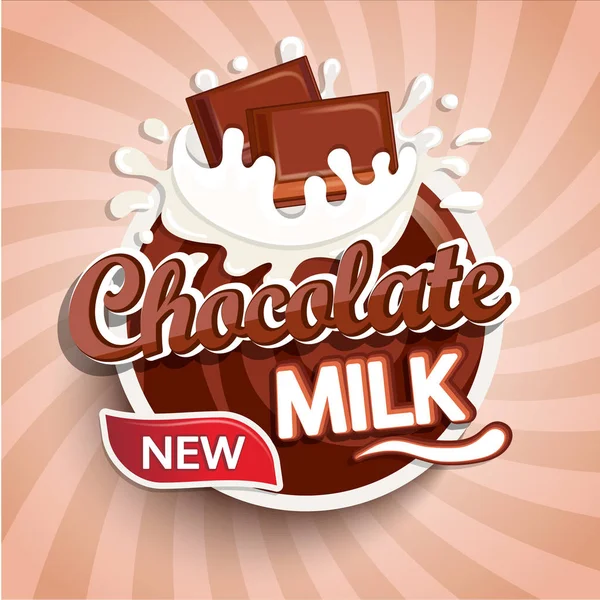 Etikett Logotypen För Färsk Choklad Mjölk Sunburst Bakgrund Mjölkaktig Stänk — Stock vektor