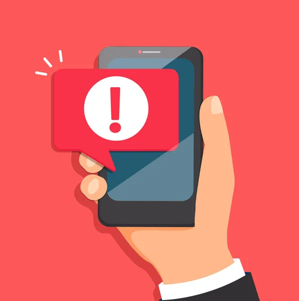 Concetto Notifica Malware Errore Nel Telefono Cellulare Bolla Messaggio Attenzione — Vettoriale Stock