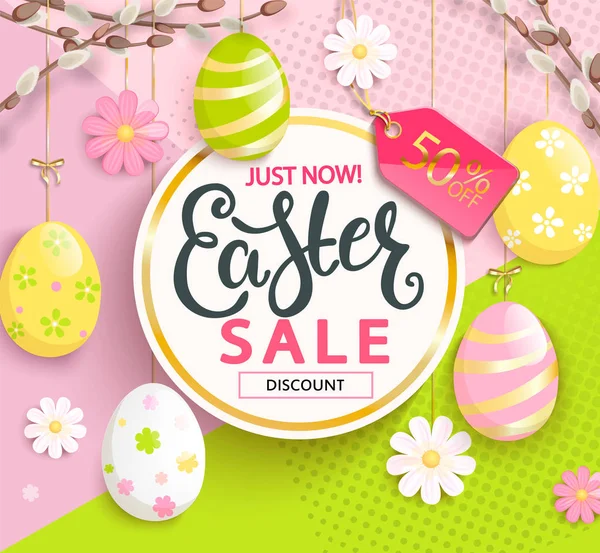 Sale Card Happy Easter Handdrawn Lettering Gold Circle Frame Beautiful — Stock Vector