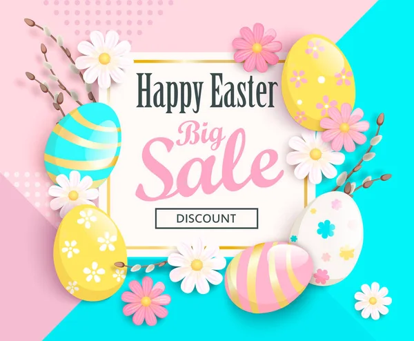 Grote Verkoop Kaart Voor Happy Easter Met Prachtige Camomiles Beschilderde — Stockvector