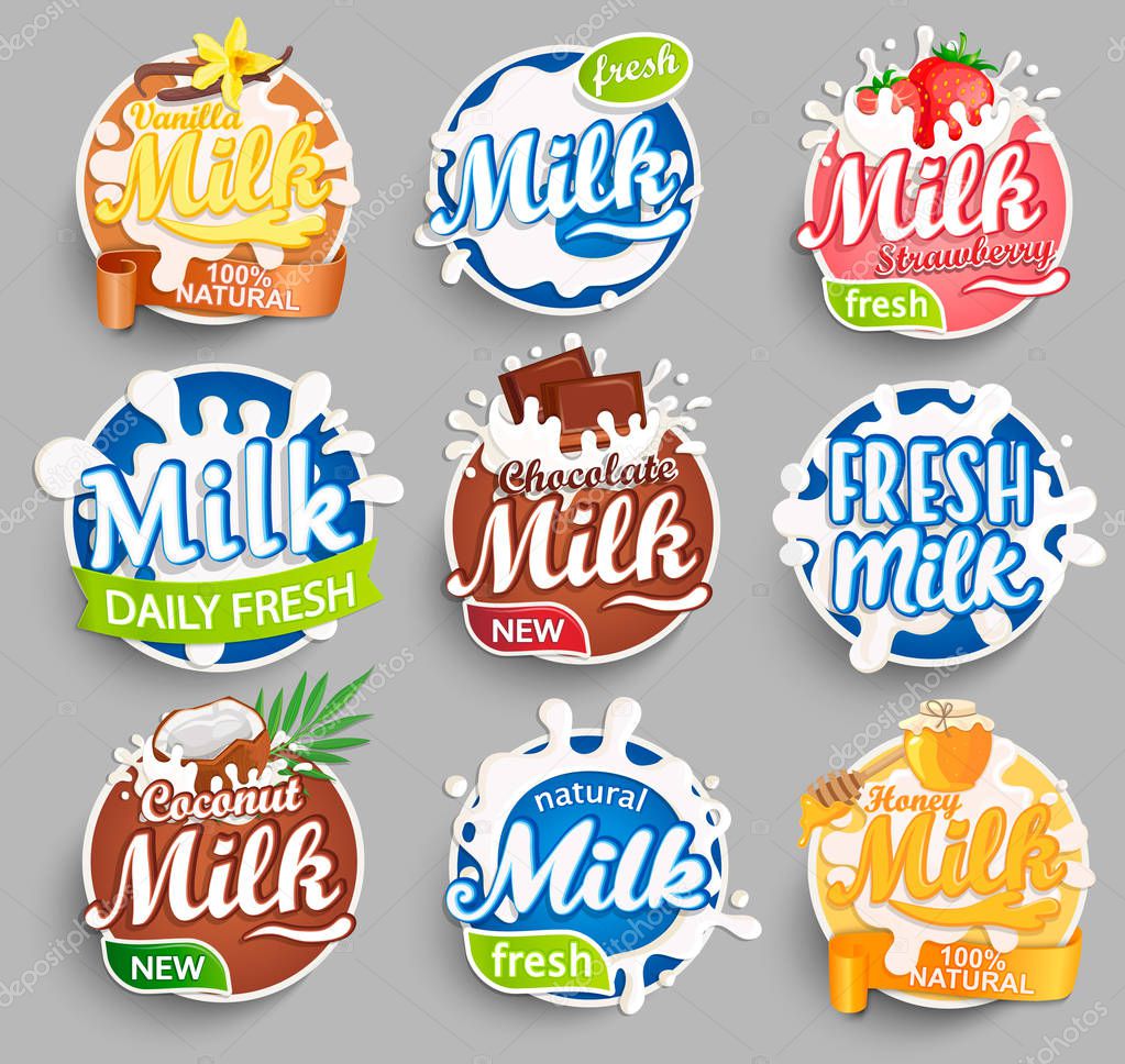 Set of Logos, labels of fresh milk and milk with different delicious additives. Milky splashing with drops.