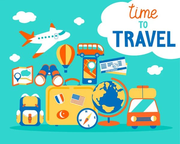 时间旅行的概念 暑假用不同的旅行对象 Handdrawn 字样的旅行海报 平面式矢量图解 — 图库矢量图片