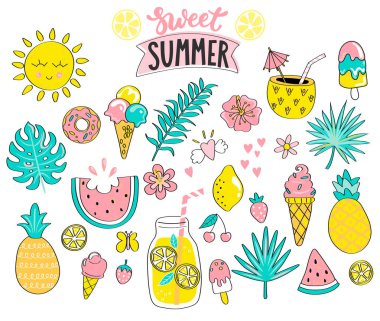 Tatlı yaz el çizilmiş öğe kümesi. Güneş, tropikal yaprak, içecekler, dondurma, karpuz, ananas için tatil, seyahat, beach tatil.