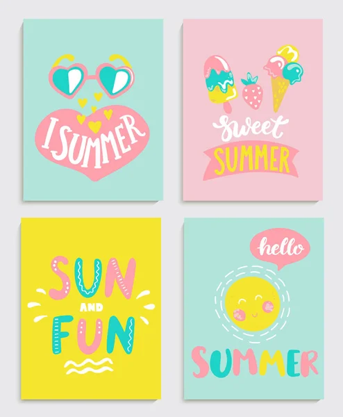 Beautiful Set Bright Summer Cards Ice Cream Sun Bubble Handdrawn — Stock Vector