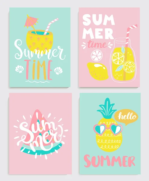 Lindo Conjunto Brillantes Tarjetas Verano Con Bebidas Limonada Piña Sandía — Vector de stock