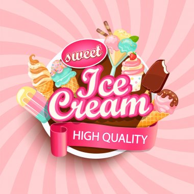 Colorful Ice cream shop logo label or emblem in caartoon style for your design on suburst background. Vector illustration. clipart