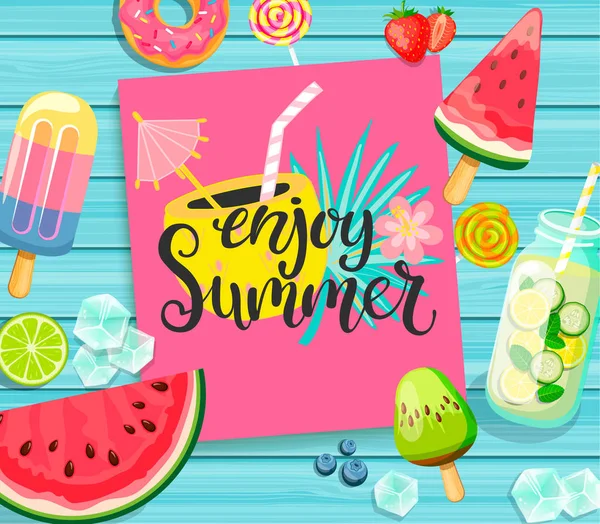 Enjoy Summer Card Lettering Blue Wooden Background Lemonade Detox Watermelon — Stock Vector