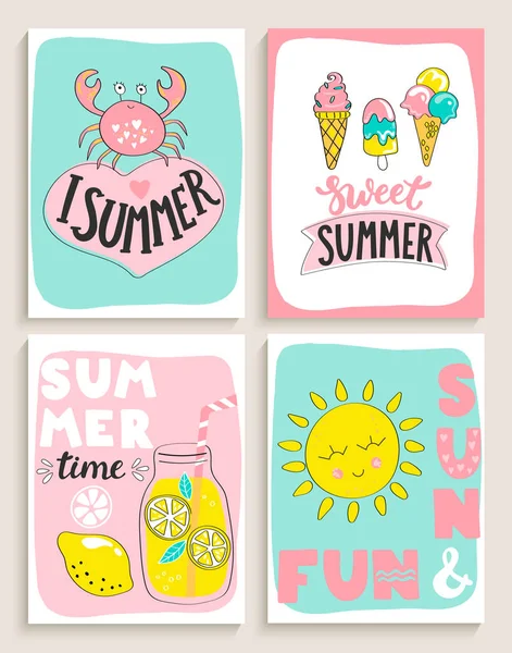 Set Bright Summer Cards Cocktail Sun Fun Crab Ice Cream — Stock Vector