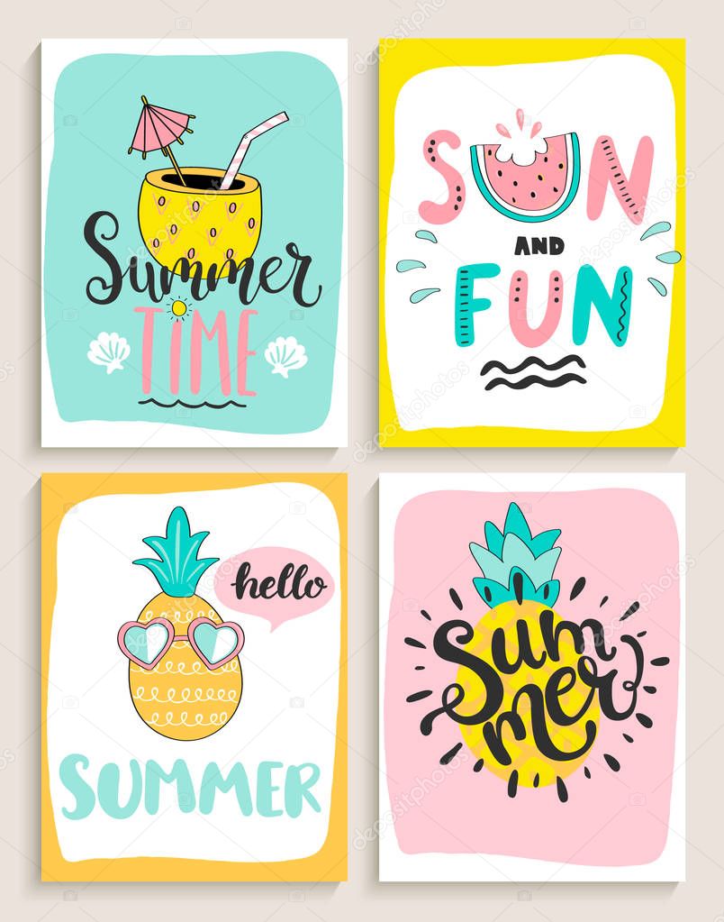 Cute set of 4 bright summer cards with cocktail,sun and fun,pineapple,watermelon and handdrawn lettering and other fun elements. Perfect for summertime posters,banners,gift,print. Vector illustration.