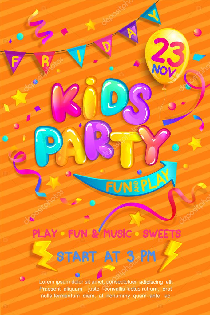 Kids party flyer with confetti,serpentine sparkles for greetings,invitations for parties.Place for fun and play, kids game room for birthday party.Poster for children's playroom decor.Vector