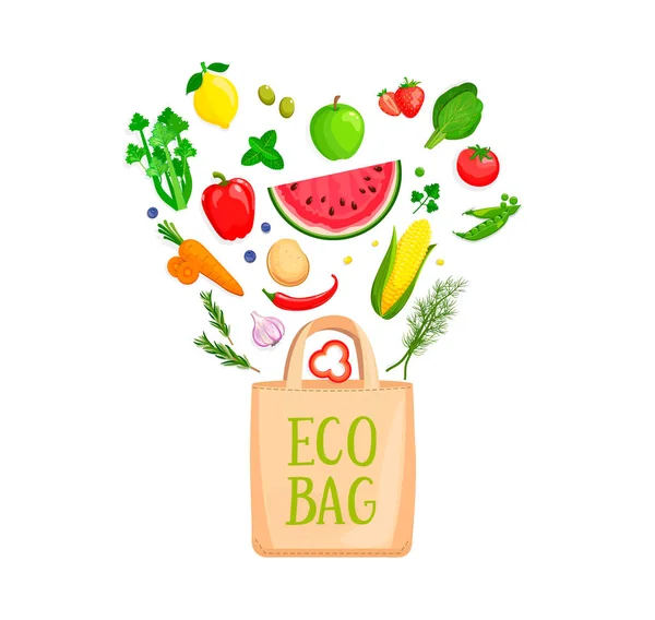 Eco Bag med isolerade grönsaker och bär. — Stock vektor