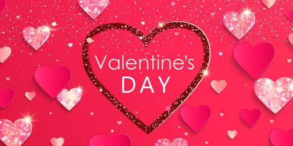 Banner de San Valentín con brillantes corazones de purpurina . — Archivo Imágenes Vectoriales