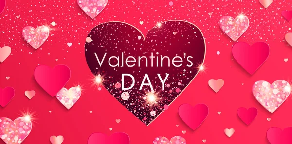 Valentijnsdag banner papercut en glitter harten. — Stockvector