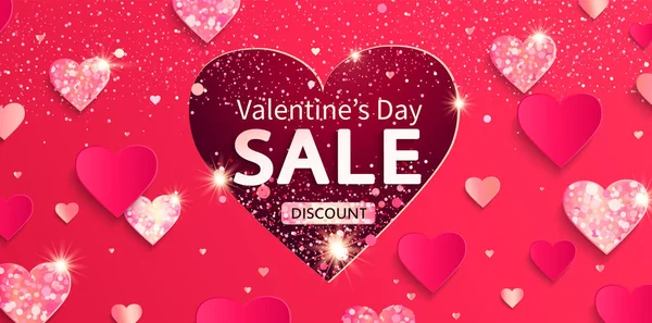 Valentijnsdag verkoop spandoek met glitters en harten. — Stockvector