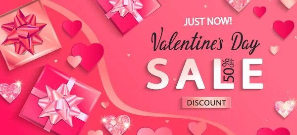 Just now sale banner for Valentines day discounts. — 스톡 벡터