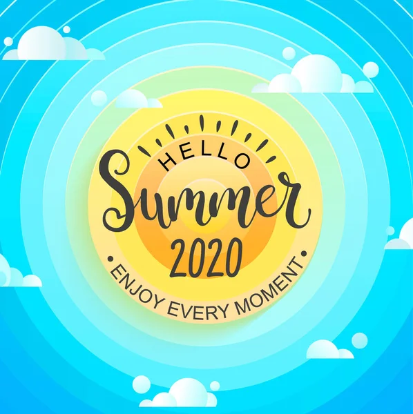 हैलो समर 2020। सूर्य, आकाश और बादल . — स्टॉक वेक्टर