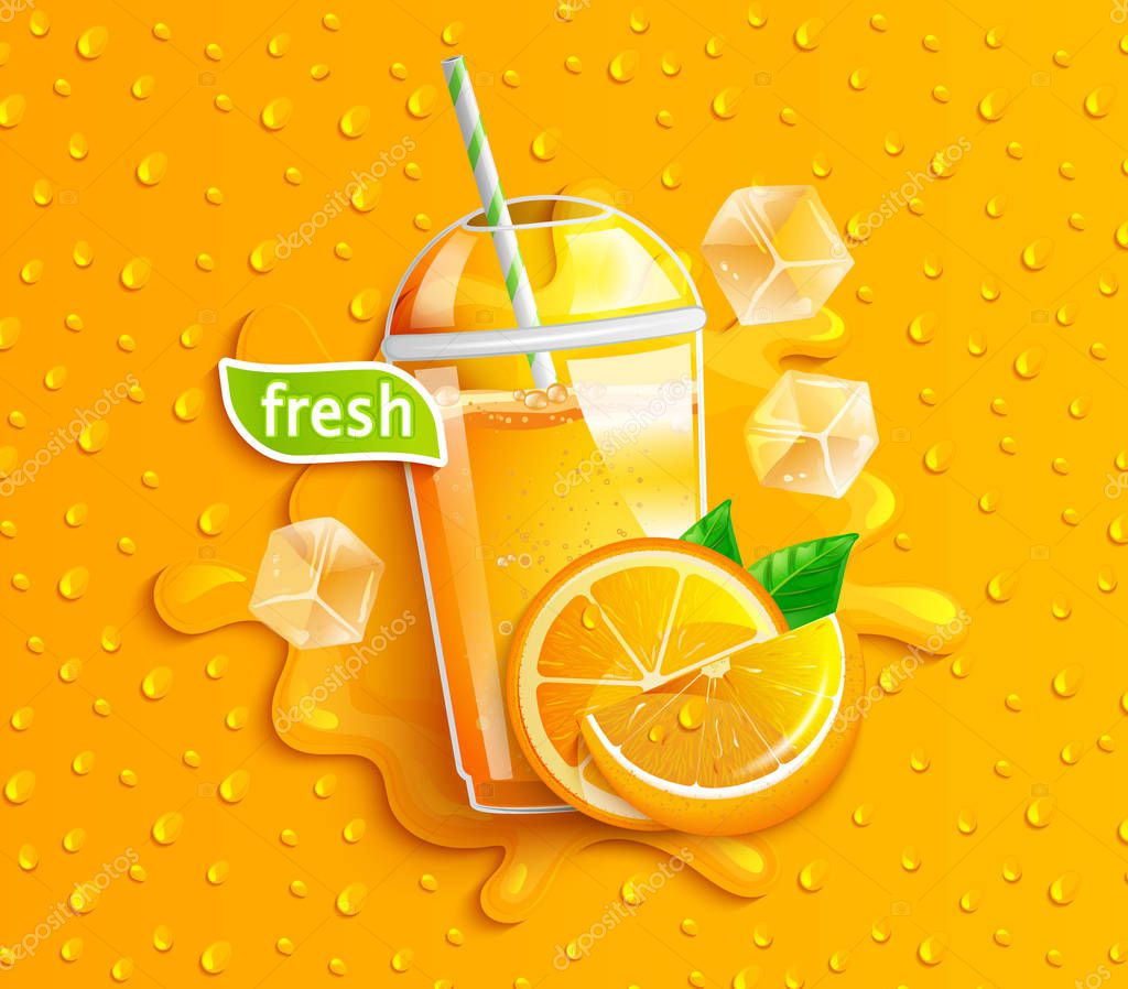Fresh orange juice with ice and fruits, splash and apteitic drops from condensation on background, for brand,logo, template,label,emblem,store,packaging,advertising.Vector illustration.
