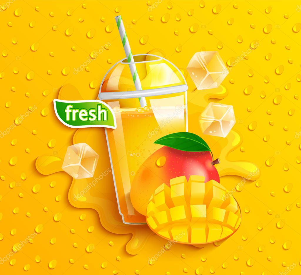 Fresh mango juice with ice and slice fruits, splash and apteitic drops from condensation on background, for brand,logo, template,label,emblem,store,packaging,advertising.Vector illustration.