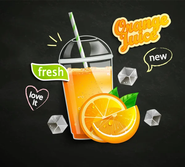 Fresh orange juice on blackboard background. — Stock Vector