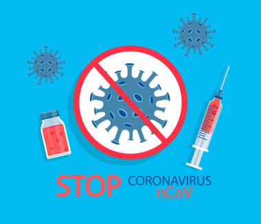 Şırınga ve aşı ile koronavirüsün sembolü.
