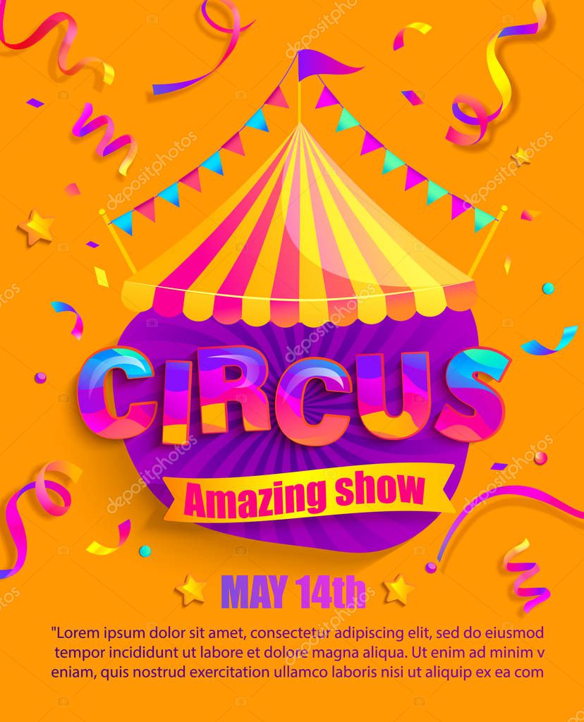 Circus banner with retro light bulbs frame on red sunbeams background.Vintage fun fair poster or flyer with tent, flags,stars,garlands.Carnival symbol,sign,emblem,welcome billboard.Vector illustration