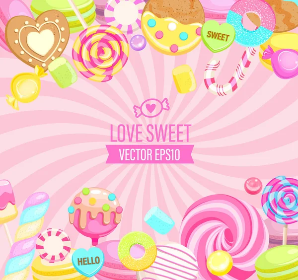 Love Sweet shop logo, with many sweets. — стоковый вектор