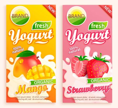 Mango ve çilekli yoğurt etiketleri. Markanız, ambleminiz, ambalajınız, ambalajınız ve reklamınız için doğal ve taze meyveler. Tasarımınız için şablon. Vektör illüstrasyonu.