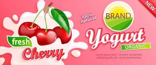 Cherry Yogurt Label Buah Beri Alami Dan Segar Dalam Percikan - Stok Vektor